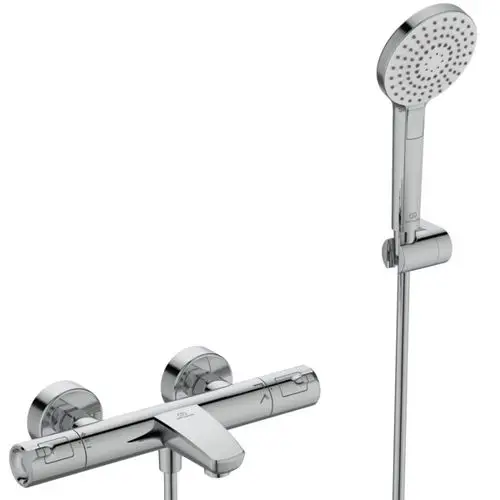 Thermostat mit Handbrause, verchromte Oberfläche, von Ideal Standard. Der Wasserhahn verfügt über Regler für Temperatur und Wasserfluss.